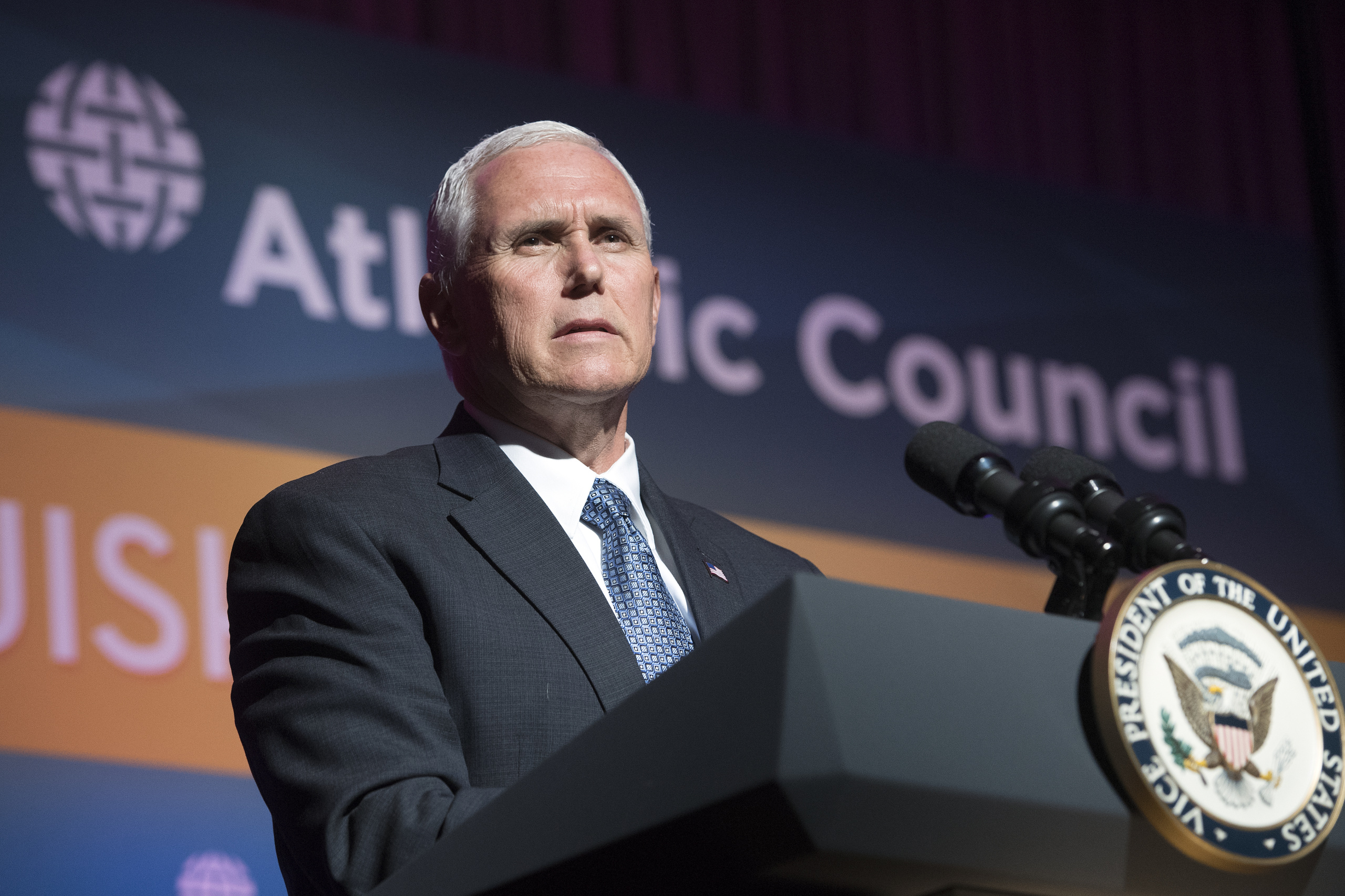 Vice President of the United States of America, is pictured during his speech at the Atlantic Council 2017.