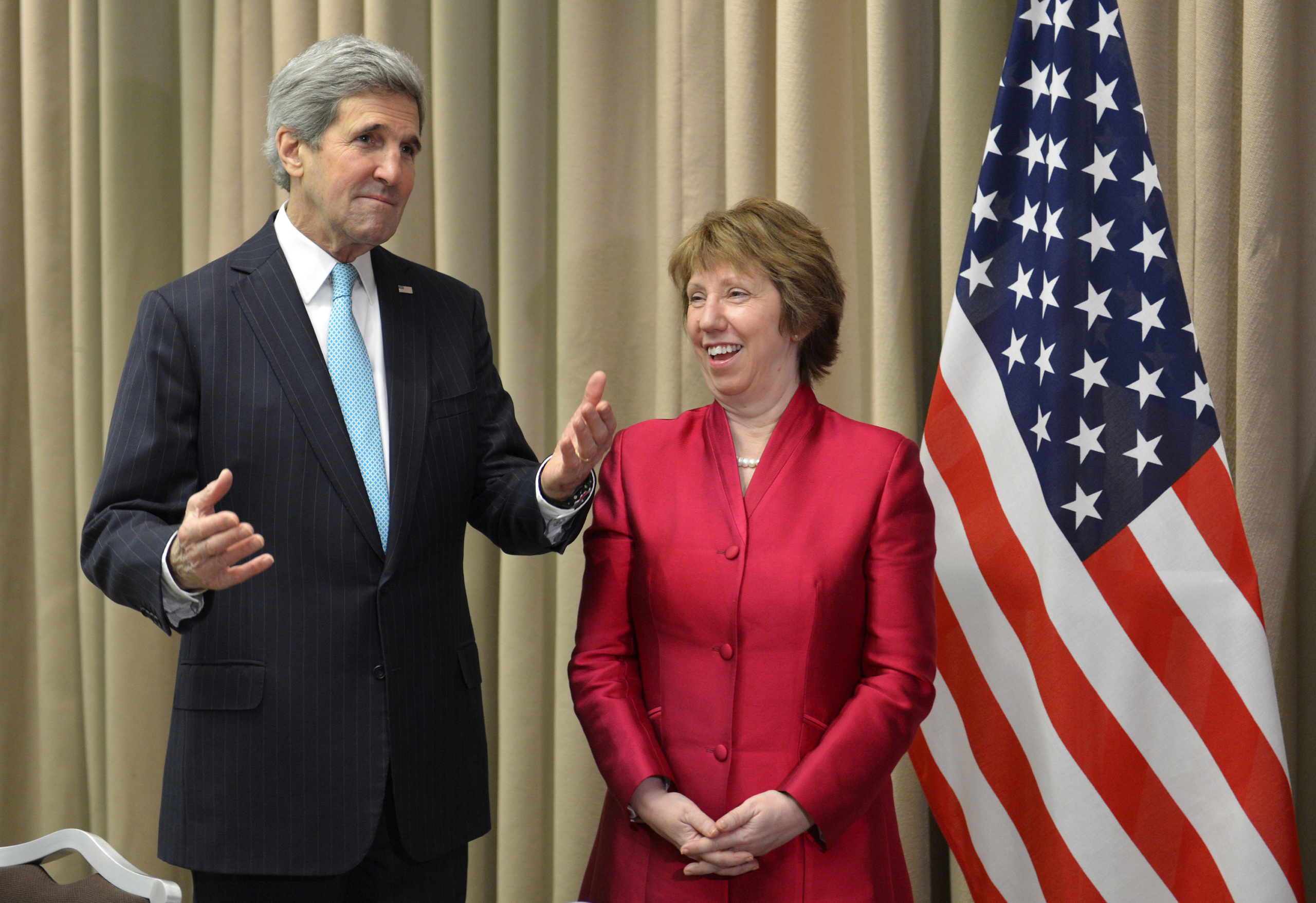 U.S. Secretary of State John Kerry ( L) speaks alongside European Union High Representative Catherine Ashton (R) during a press conference in Geneva on April 17, 2014, after a day of quadrilateral talks between representatives of Ukraine, the European Union, Russia, and the United States about the Ukrainian political crisis. Russia, Ukraine, the US and EU reached a surprise deal today on de-escalating the worsening crisis in Ukraine, in a ray of hope for the former Soviet republic that has plunged into chaos. The agreement reached in Geneva comes as a strong contrast to earlier hawkish comments made by Russian leader Vladimir Putin, who left the door open for intervention in Ukraine. AFP /UE/Richard Juilliart