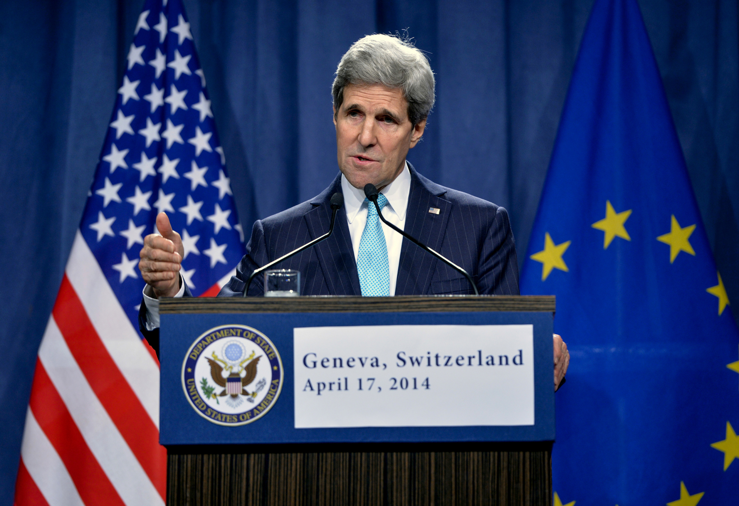 U.S. Secretary of State John Kerry speaks alongside European Union High Representative Catherine Ashton during a press conference in Geneva on April 17, 2014, after a day of quadrilateral talks beetwen representatives of Ukraine, the European Union, Russia, and the United States about the Ukrainian political crisis. Russia, Ukraine, the US and EU reached a surprise deal today on de-escalating the worsening crisis in Ukraine, in a ray of hope for the former Soviet republic that has plunged into chaos. The agreement reached in Geneva comes as a strong contrast to earlier hawkish comments made by Russian leader Vladimir Putin, who left the door open for intervention in Ukraine. AFP /UE/Richard Juilliart