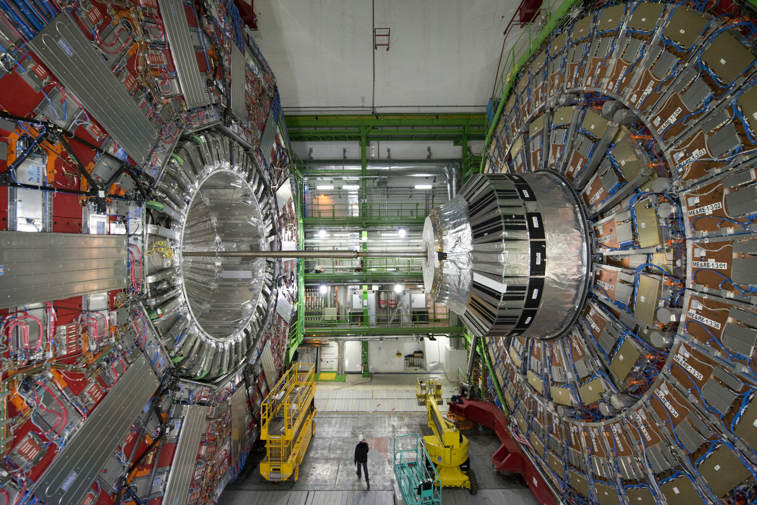 Geneva, Switzerland.
A picture taken on February 10, 2015 in Meyrin, near Geneva, shows the CMS (Compact Muon Solenoid) Cavern at the European Organisation for Nuclear Research (CERN). Excitement is mounting at the world's largest proton smasher, where scientists are close to launching a superpowered hunt for particles that may change our understanding of the Universe. Physicists and engineers are running the final checks on an upgrade that nearly doubled the muscle of the Large Hadron Collider (LHC), which in 2012 unlocked the putative Higgs boson and, with it, a Nobel Prize. The two-year power boost will take experiments into a previously-inaccessible realm that resembles science fiction. AFP PHOTO / RICHARD JUILLIART (Photo credit should read Richard Juilliart/AFP/Getty Images)